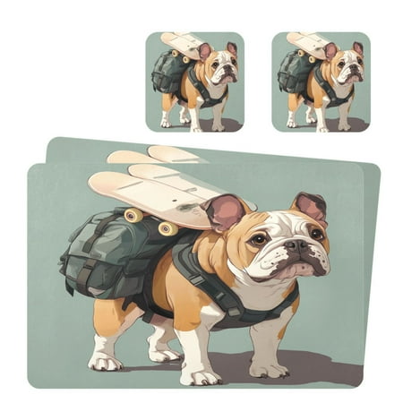 

Wobogo Bulldog Carrying Skateboards Placemats Coasters Set of 2 Heat-resistant Non-slip Easy to Clean Square Dinner Plate Mat