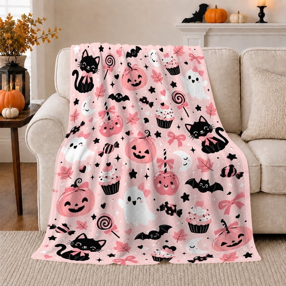 Cute Pink Pumpkin Black Cat decorative motif autumn celebration Pattern, Warm Flannel Blanket for Kitchen and Dining Room, Playful Pet Portrait Pattern, Cat Lovers autumn celebration Gift
