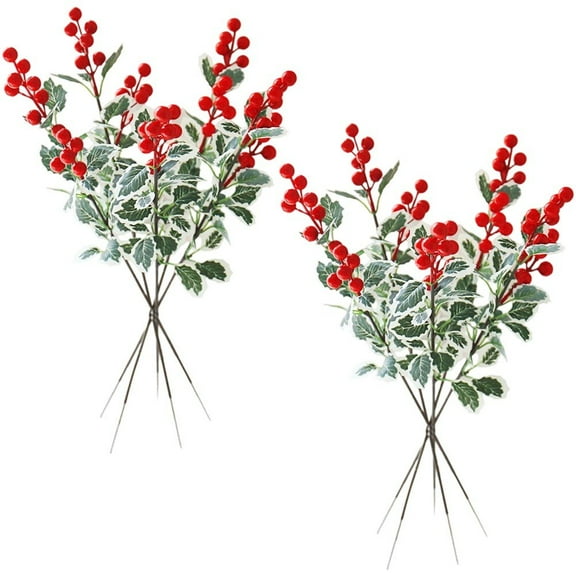 10Pcs Christmas Red Berry Branch Artificial Holly Berry with Green Leaf Christmas Tree Ornament New Year Party Decoration