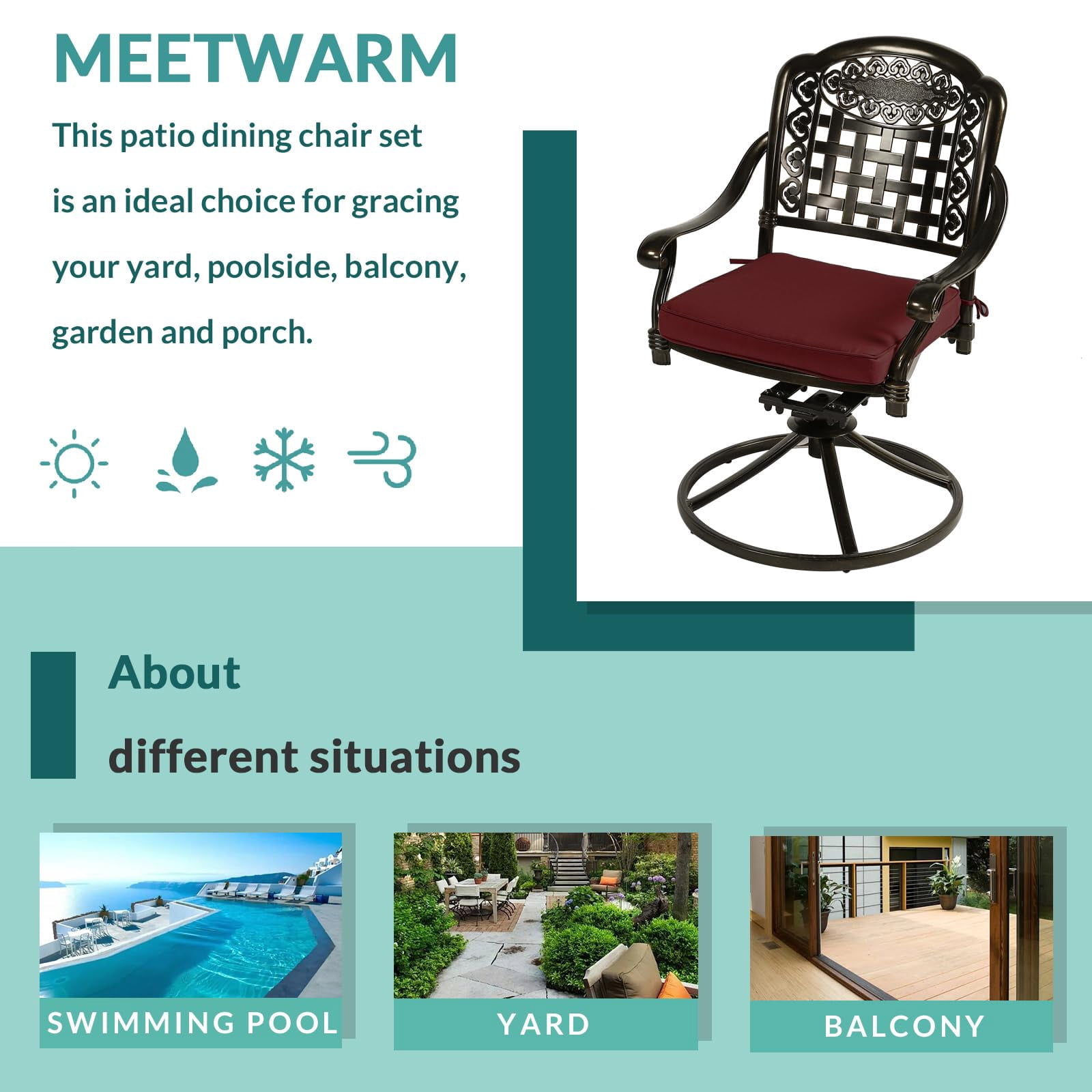 MEETWARM 2 Piece Patio Dinning Swivel Chairs Rocker, Outdoor All-Weather Cast Aluminum Chairs with Cushions, Patio Bistro Dining Chair Set for Garden Deck Backyard, Chili Red