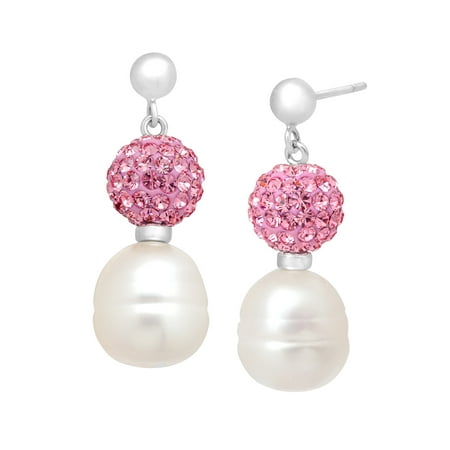 Freshwater Pearl Drop Earrings with Pink Swarovski Crystals in Sterling Silver