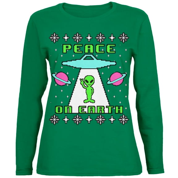 Old Glory Womens Alien Peace on Earth Ugly Christmas Sweater Long Sleeve T Shirt