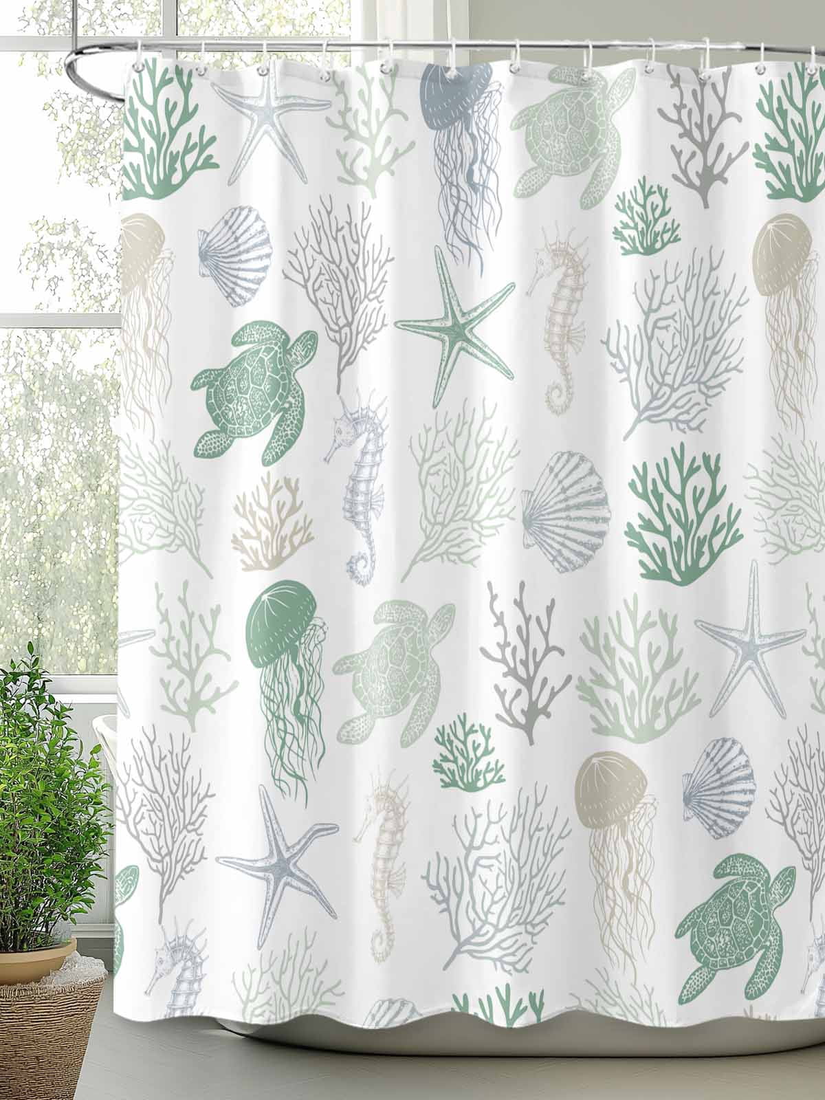 Green Coastal Waterproof Fabric Shower Curtain, Nautical Summer Beach Coral Sea Turtle Shower Curtain for Bathroom Curtains Bathtubs Hotel Washable Shower Curtains with 12 Hooks Long 72x78in