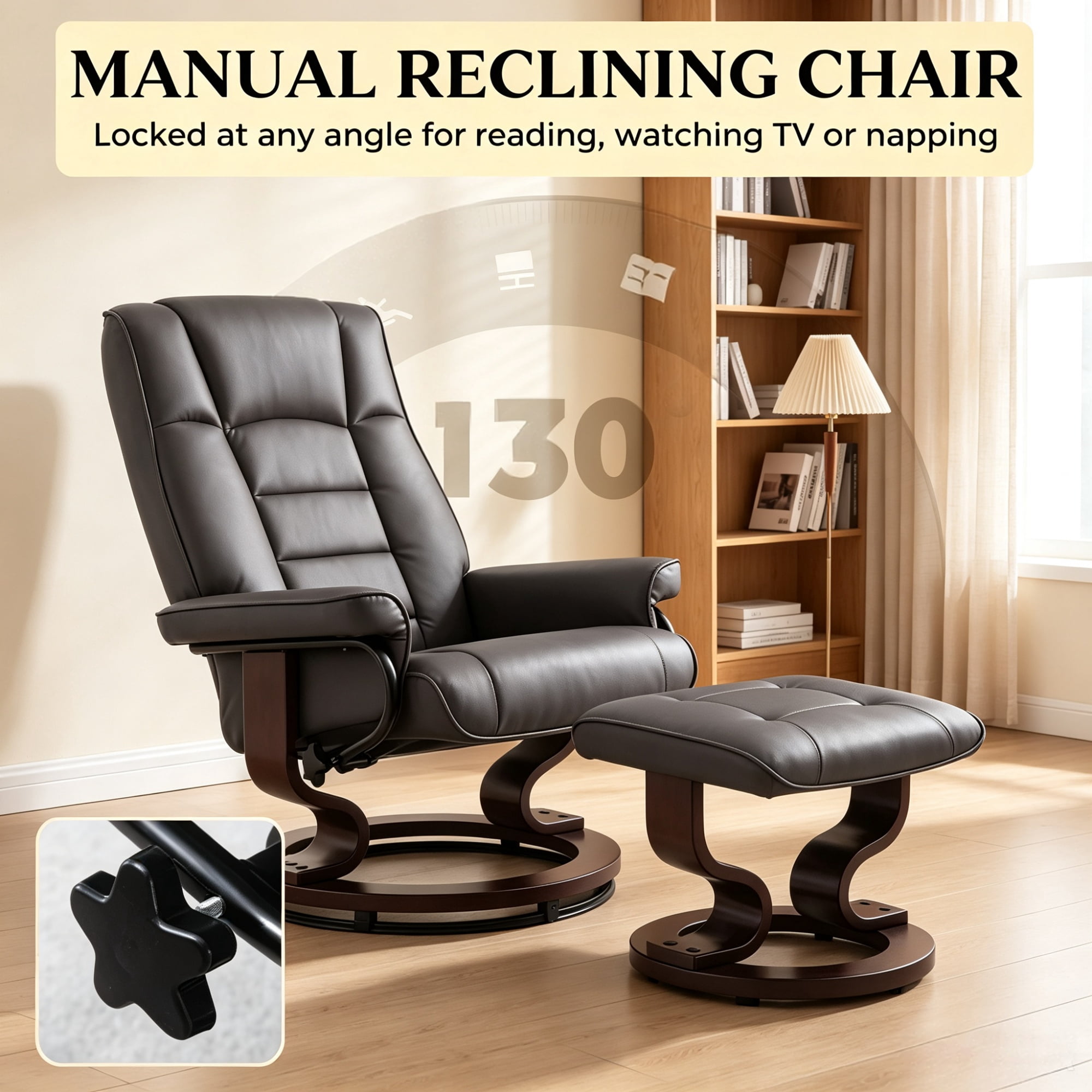 Faux Leather Reclining Chair with Ottoman, Manual Recliner with Tufted Back and Wood Frame, Brown