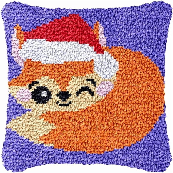 Latch Hook Kits Pillow Fox Crochet Yarn Cushion Colour Canvas Rug Needlework DIY Pillowcase Hook and Latch Kit Christmas Home Arts Crafts Sofa Decoration 43 × 43cm / 16.9 * 16.9 inches