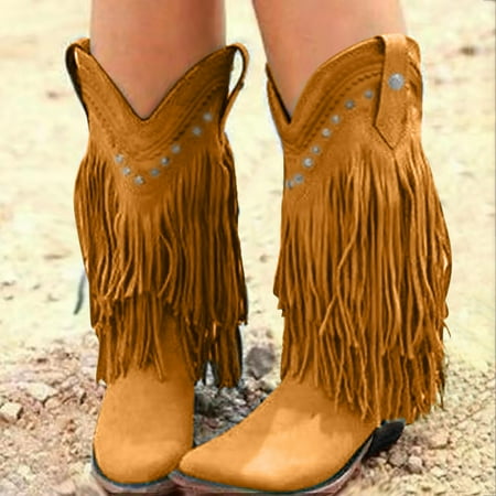 

Women Pointed Toe Sand Velvet Fringed Boots Mid Tube Square Heeled Mid Heel Boots Yutnsbel