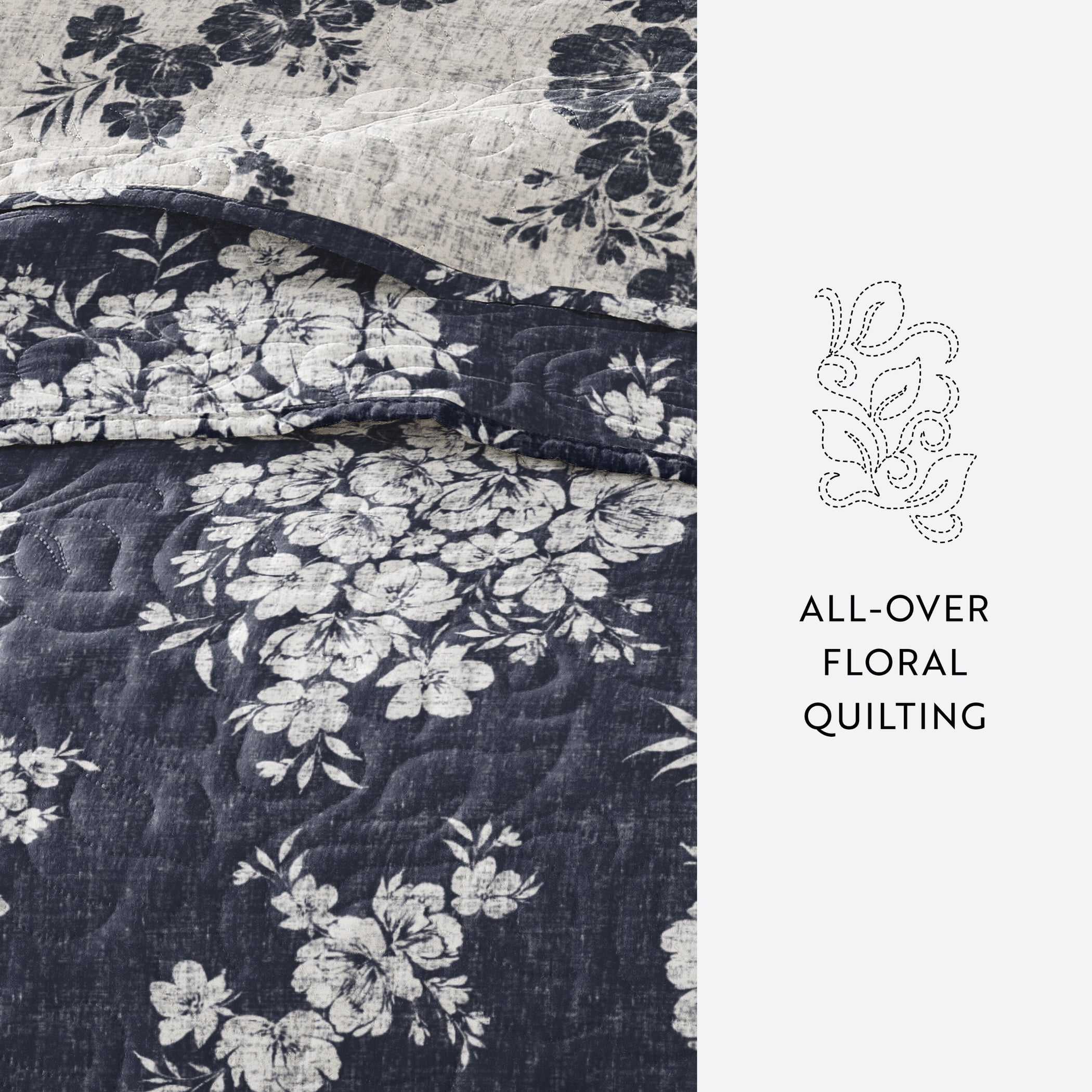 Noble Linens 3-Piece Navy Distressed Bouquet Reversible Quilt Set, King