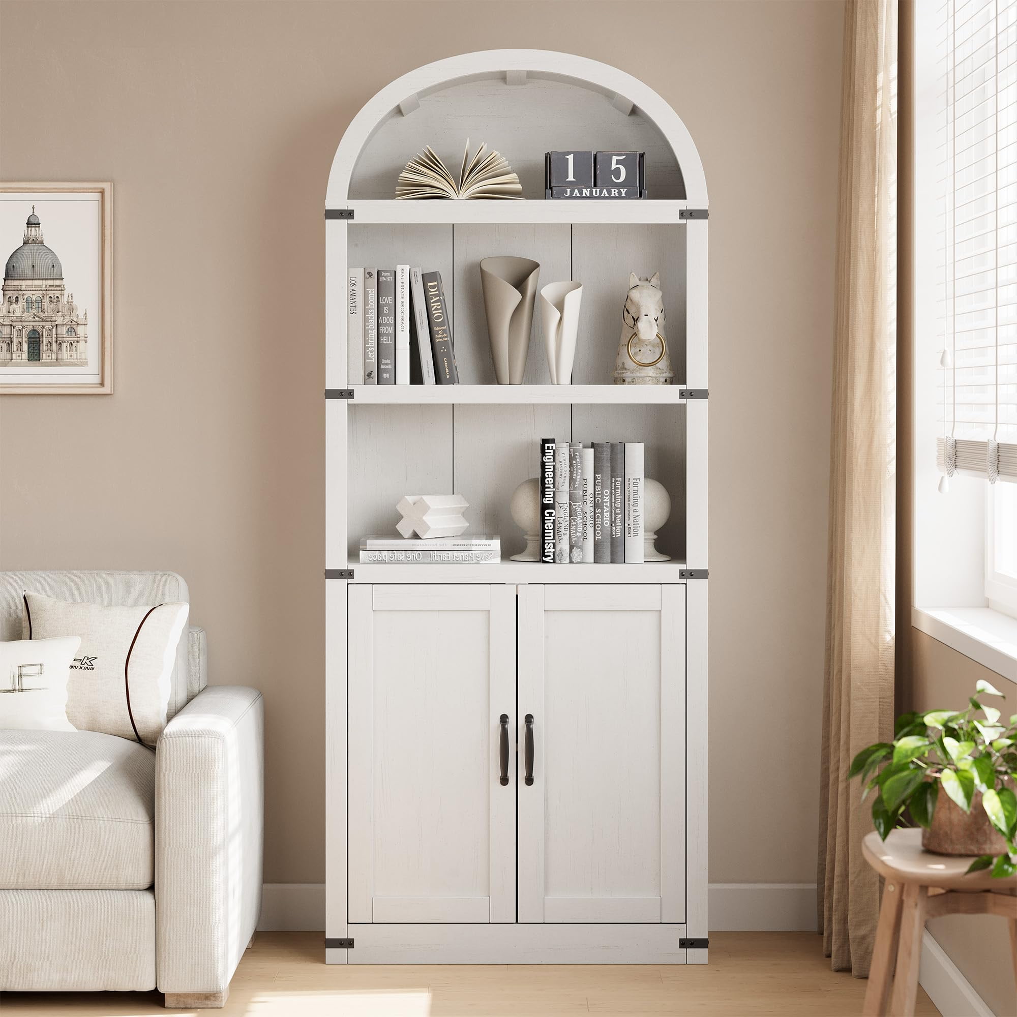 TROPOW Bookcase with Doors Arched Bookshelf 71.65in Tall Bookcase Farmhouse Cabinet with Shelves Wooden Bookshelves for Home Office, Living Room,White