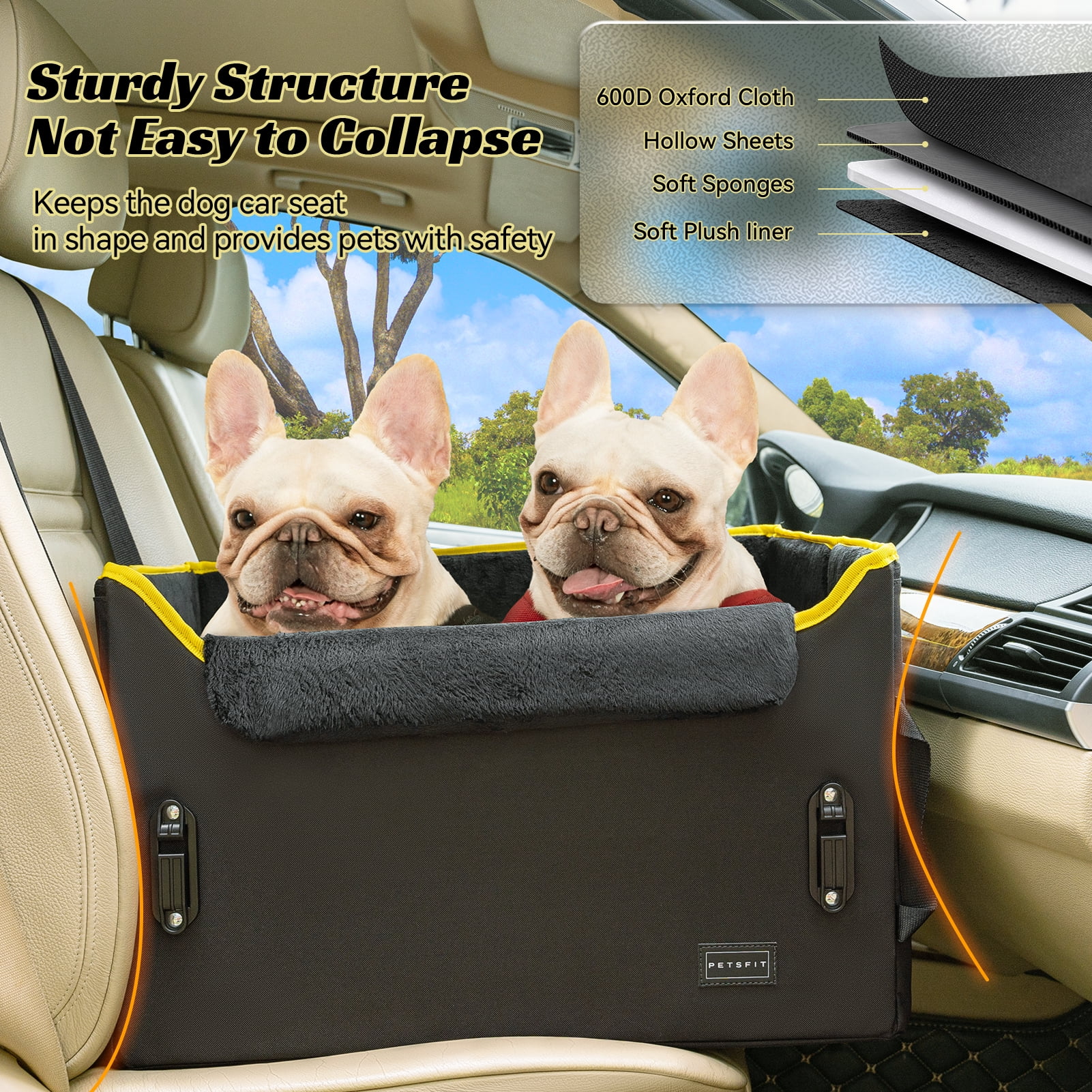 PETSFIT Dog Car Seat , Dog Car Seat for Medium Dog with 2 Clip-On Safety Leashes and Patented Buckles, Under 45Lbs (Black)
