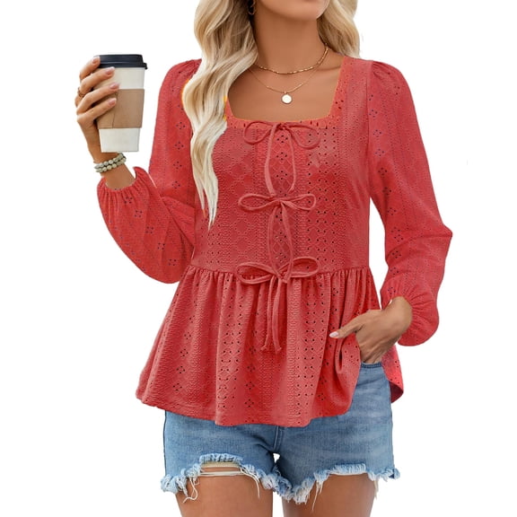 Women's Summer Eyelet Babydoll Tank Tops Sleeveless Crew Neck Bow Tie Front Peplum Flowy Blouse Y2K Cute Shirts
