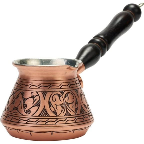 DEMMEX Thickest Engraved Solid Copper Turkish Coffee Pot – Stovetop Greek, Arabic Coffee Maker, Cezve Ibrik with Wooden Handle & Spoon, Handcrafted in Turkey, 9 fl oz (Matte Copper)