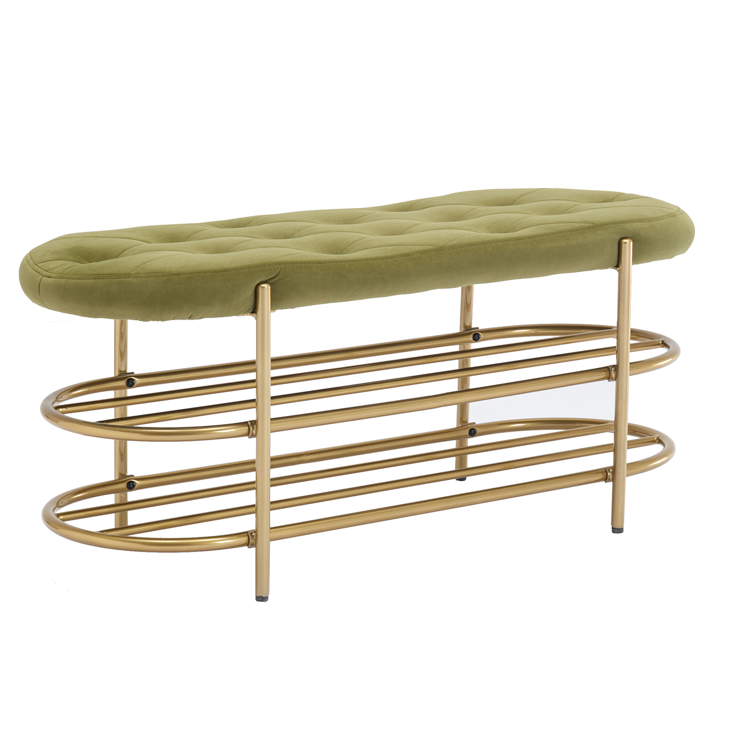 Kadyn Upholstered Velvet Beach, End of Bed Bench with 2 Shelf, Storage Beach for Living Room, Entrance, Olive Green