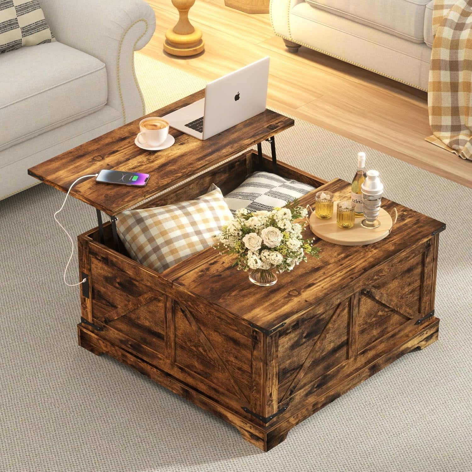 VEANERWOOD 35.4" Lift Top Coffee Table, Farmhouse Wood Square Center Table with Storage & Charging Station Hidden Compartment for Living Room, Home Office