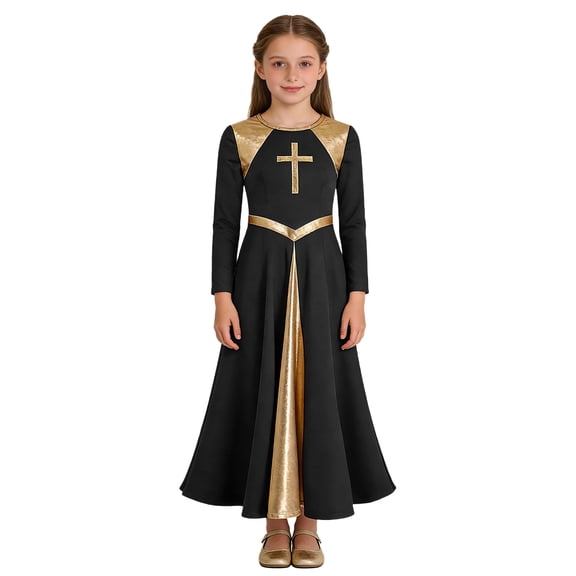 Hansber Kids Girls Lyrical Praise Dance Dress Metallic Color Block Liturgical Worship Full Length Church Robe Black 8