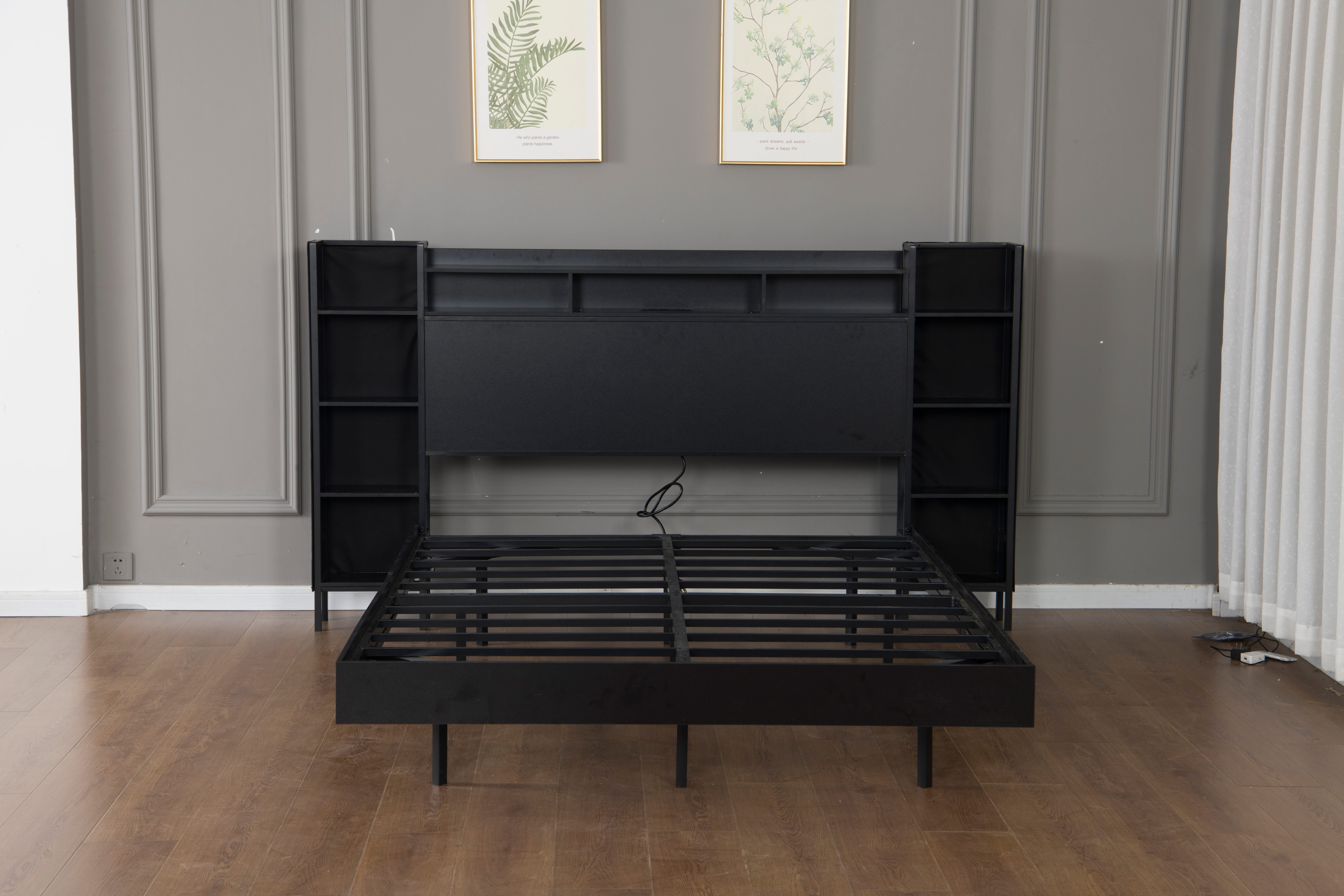 Mintazer King Size Bed Frame with LED Bookshelf Headboard & Charging Station, Modern Platform Bed for Bedroom Guest Room, Black