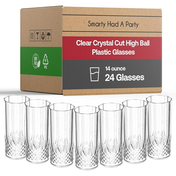 Smarty Had A Party 14 oz Plastic Highball Glasses Disposable for Events – 24 Bloody Mary Glasses, Classy Disposable Tumblers, 14 oz Plastic Cups for Weddings, Parties and Events