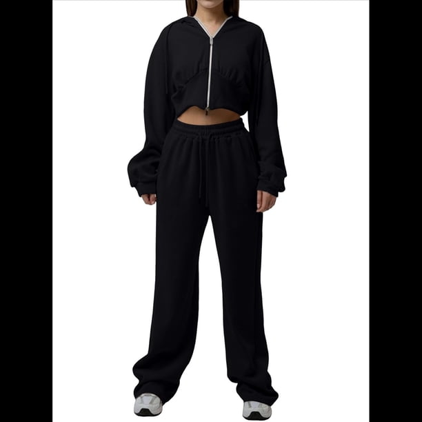 Conjunto Deportivo para Mujer: Sudadera con Capucha y Cremallera de Larga con Pantalones de Color Liso con Cordones - Conjunto de Dos Piezas Negro L
