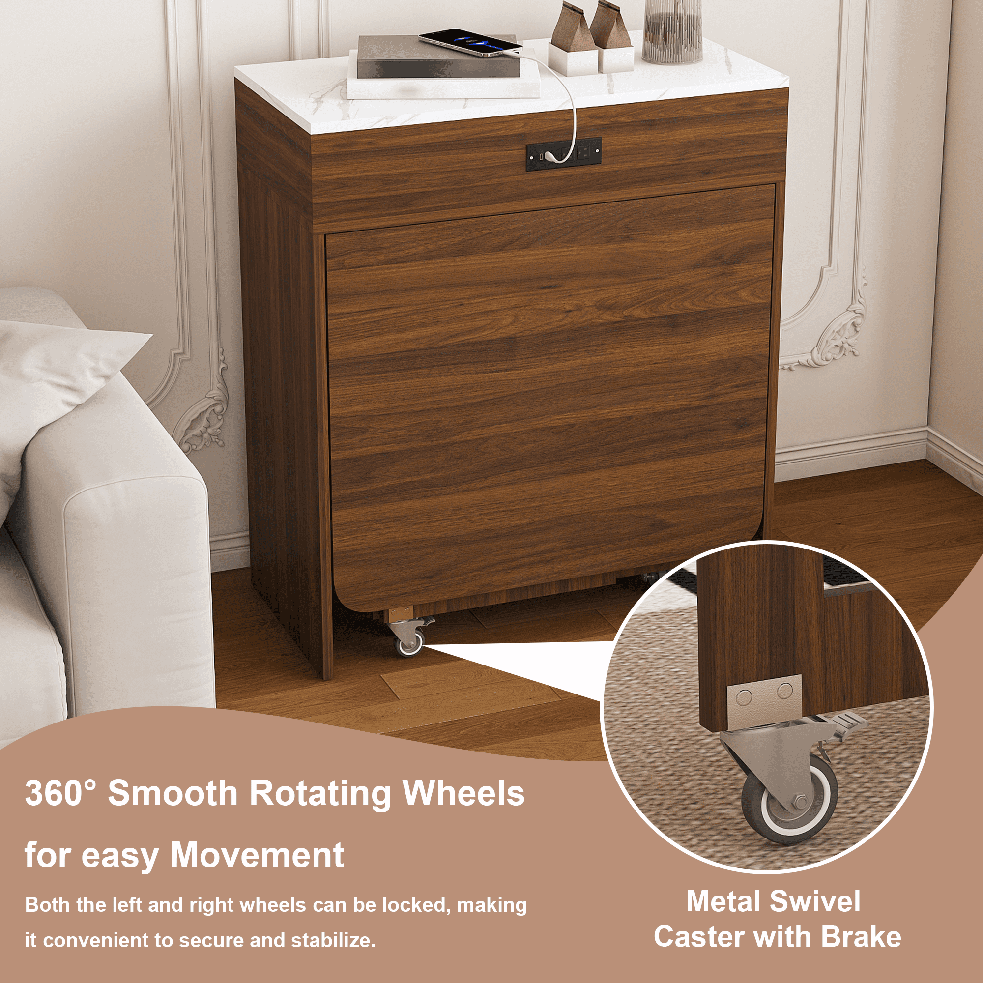 Mintazer Expandable Rolling Kitchen Island Dining Table with Power Outlet, Multi‑Mode Telescopic Folding Table with Lockable Casters & Storage Compartments for Small Apartment, Walnut