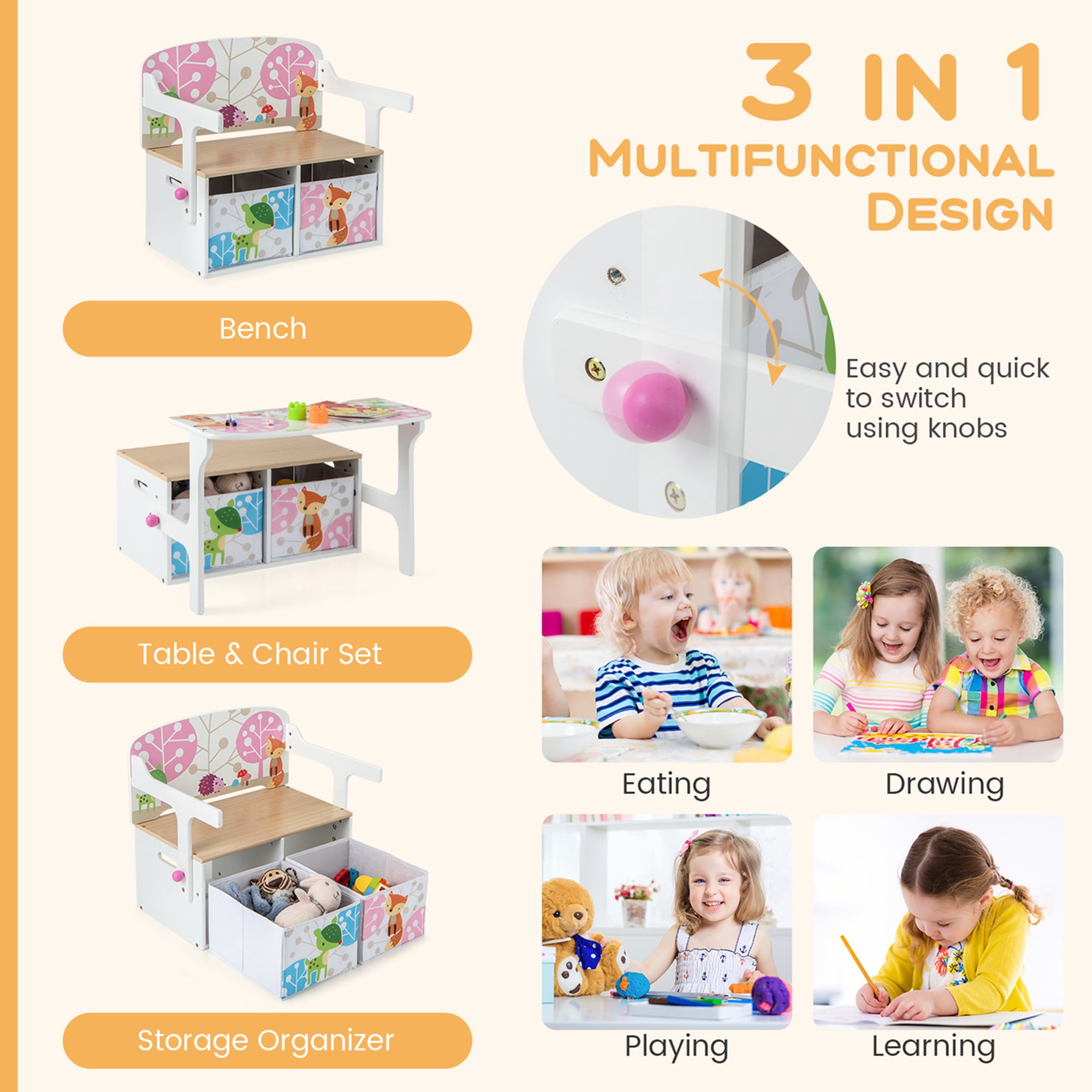 Costway Convertible Activity Bench Children Table & Chair Set, 3 in 1 toddlers storage bench, White