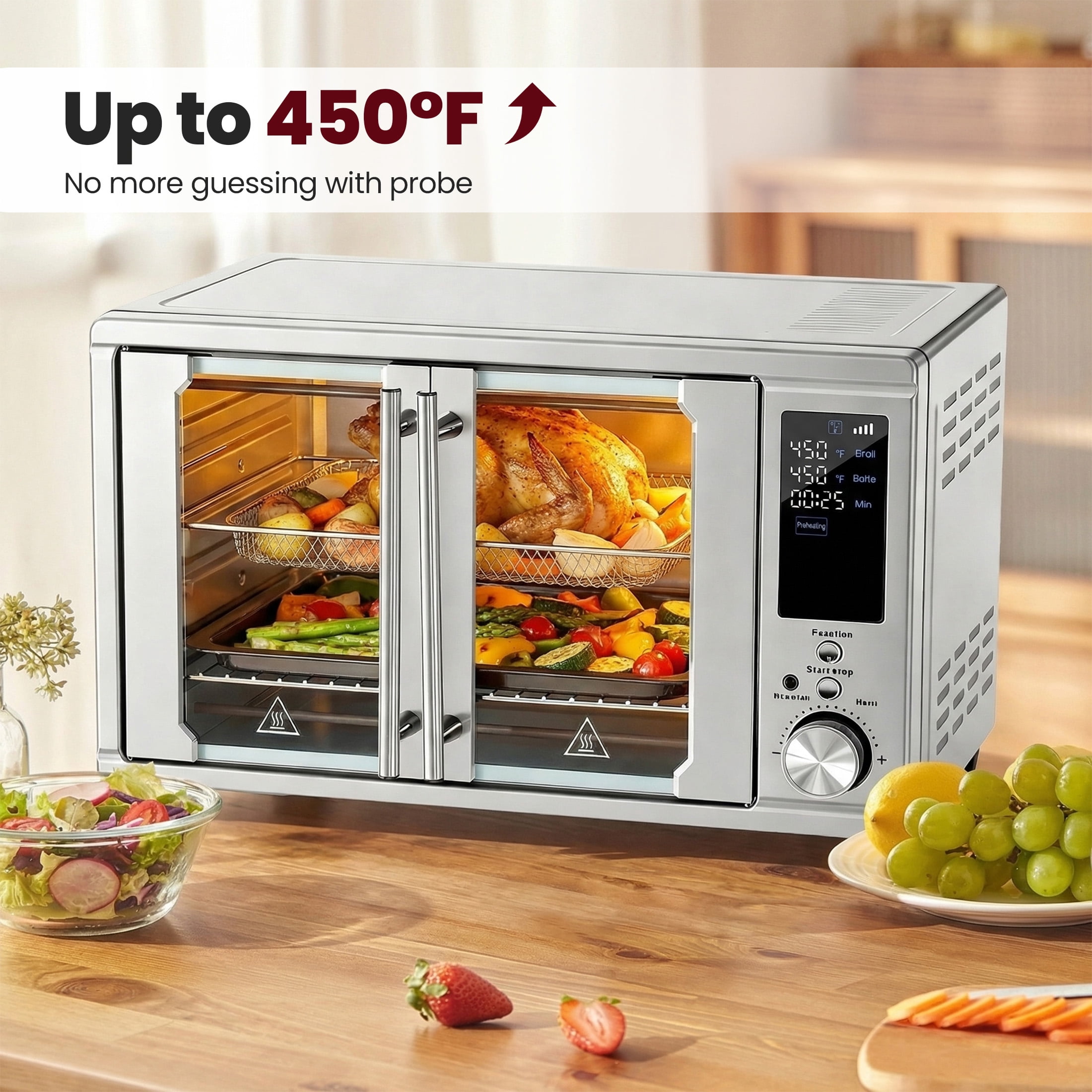 EDX 28L Silver Double-Door Air Fryer Oven, 4-in-1 Functions, 120V, 0-60min Timer, Free Tray & Rack & Tongs, Household Kitchen Use