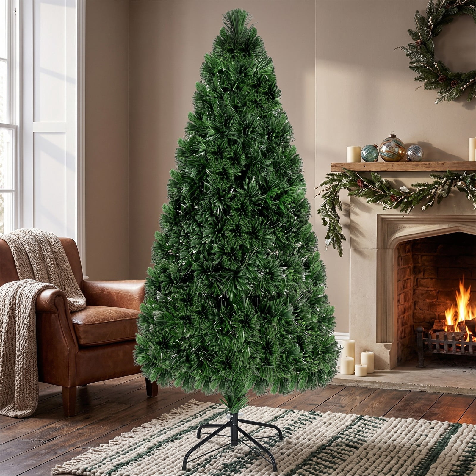 RUIE 6 FT Fiber Optic Artificial Christmas Tree, Pre-Lit PVC Xmas Tree with 220 Tips, 7-Color Changing LED Lights and Plastic Stand for Indoor Holiday Decoration, Green