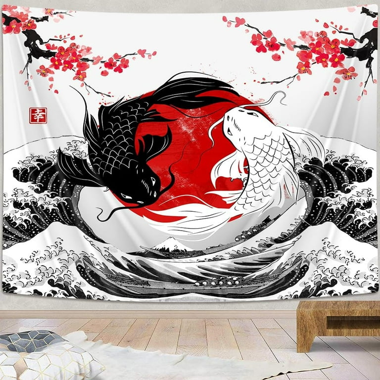 Japanese Anime Tapestry, Black and White Yin Yang Koi Fish