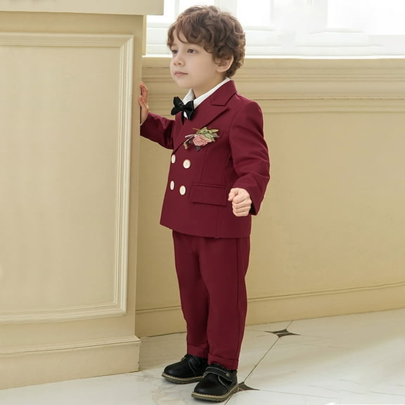 Wuxian Girls Fall Outfit Formal Elegant 5 Piece Suit Button Down Jacket Vest Dress Pants Bow Tie Corsflower For Children Wedding Party Sweatsuit Clothing Sets,Brick Red,3-4 Years