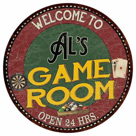 Al's Game Room 14" Round Metal Sign Bar Kitchen Red Wall Decor 100140032002