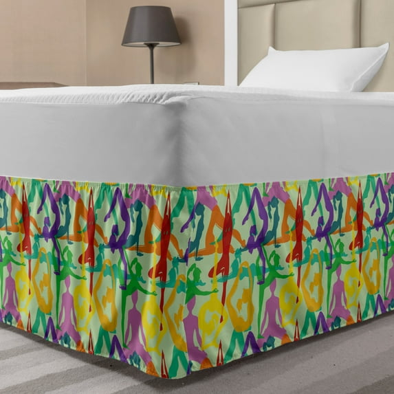 Yoga Bed Skirt, Colorful Meditation Pattern with Various Poses from Eastern Movement, Elastic Bedskirt Dust Ruffle Wrap Around for Bedding Decor, 4 Sizes, Multicolor, by Ambesonne