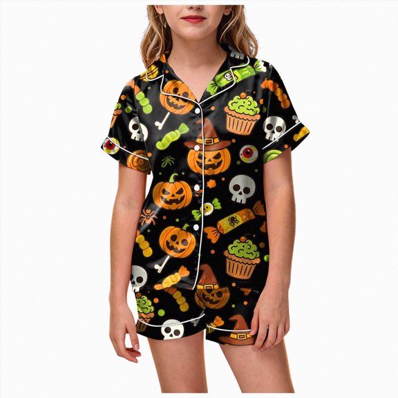 Leey-World Toddler Girl Halloween Pajamas Toddlers Halloween Baby Kids Girl Pumpkin Pajama Set Jammies Button Down Sleepwear
