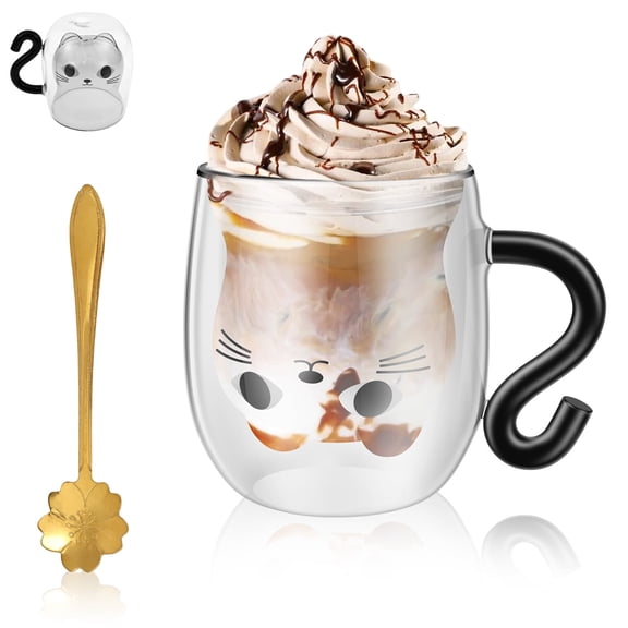 8.45 oz Double Wall Cat Cup Coffee Glass Tea Mug with Spoon Cute Cat Mug with Handle Double Wall Coffee Cup for Cappuccino Milk