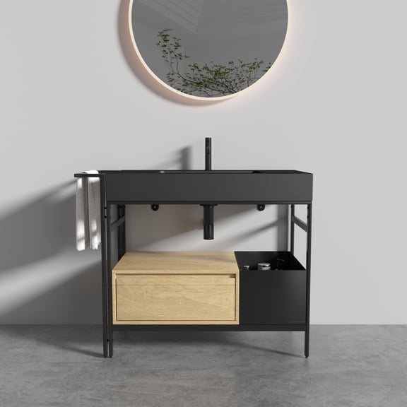 36 Inch Industrial Bathroom Vanity with Metal Frame and Wood Accents, Modular Storage Vanity with Soft Close Drawer and Adjustable Towel Bar for Modern Farmhouse Bathrooms