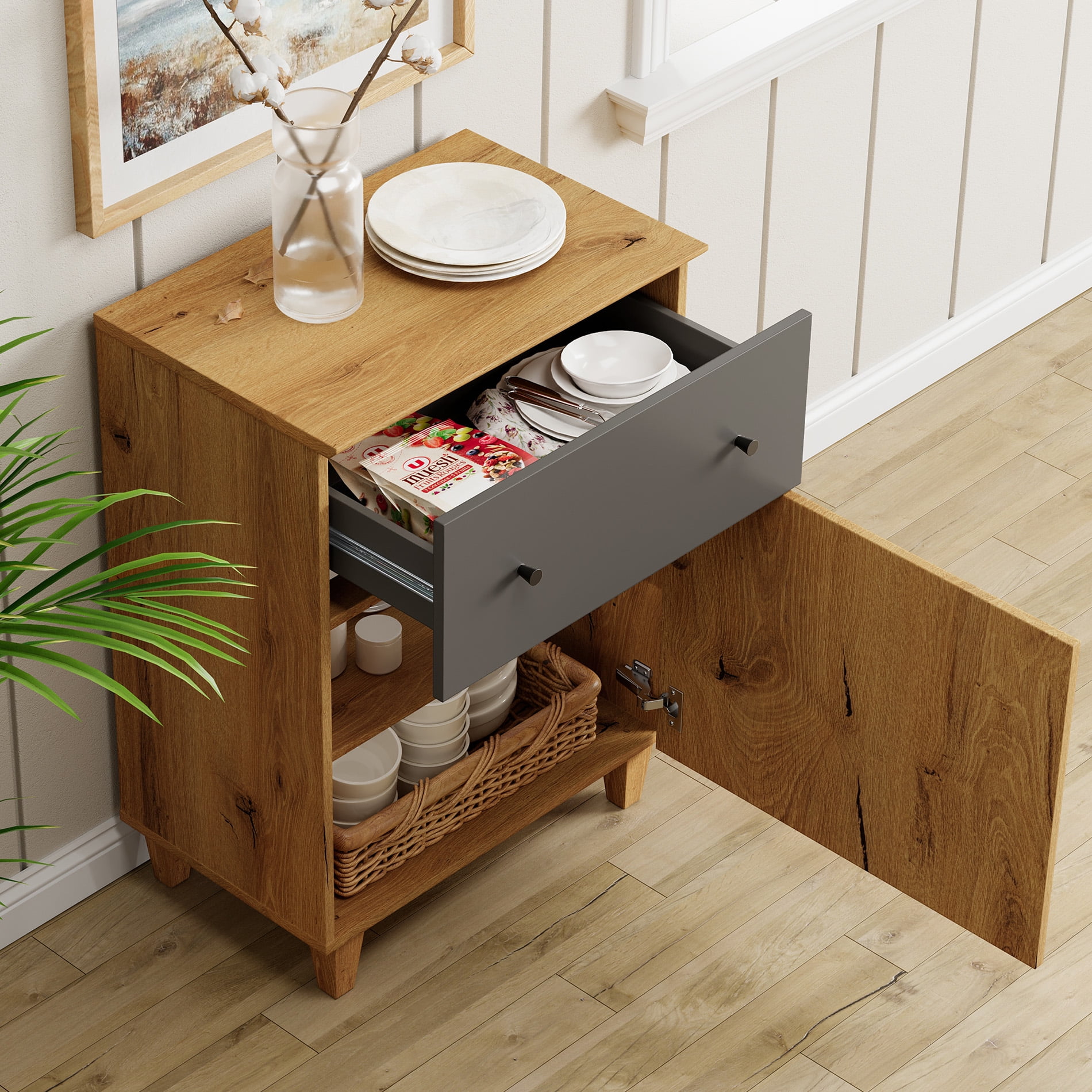 Modern End Table with Drawer and Cabinet, Large Side Table with Adjustable Storage Shelf, Wooden Nightstand for Living Room, Oak Brown
