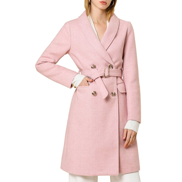 BLAZER LARGO DE MUJER CON SOLAPA CHIC INSPIRADA, DOBLE BOTONADURA, CINTURÓN Y DISEÑO EN CHEVRÓN, TAMAÑO XS, COLOR ROSA
