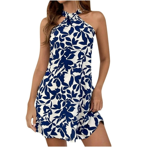 Taqqpue Womens Criss Cross Halter Neck Dress Sleeveless Backless Boho Mini Dresses Casual Loose A Line Cotton Linen Flowy Tropical Print Beach Sundress for Party