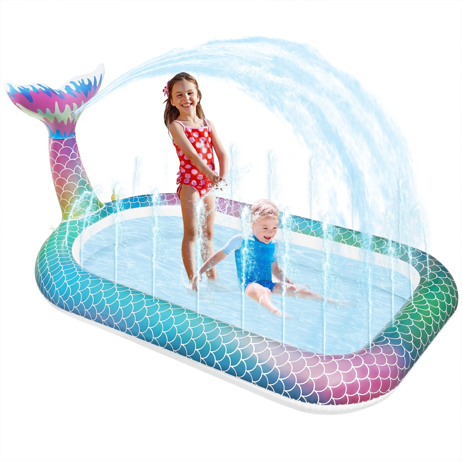 Inflatable Mermaid Swimming Pool, Kiddie Pool with Sprinkler, 40" X 68