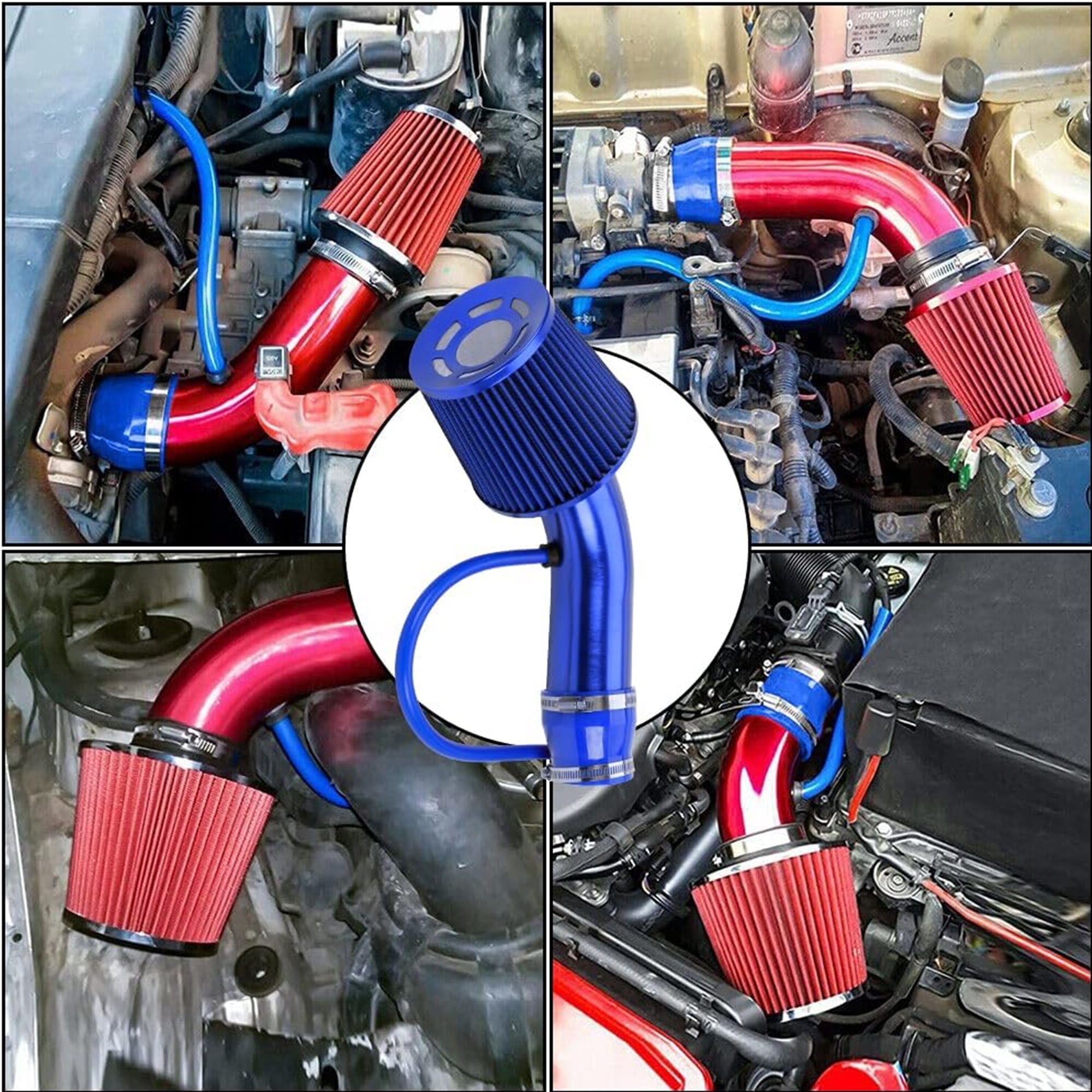 3'' Cold Air Intake Kit Aluminum Automotive Cold Air Intake Pipe Filter Induction Flow Hose Pipe Kit, Blue
