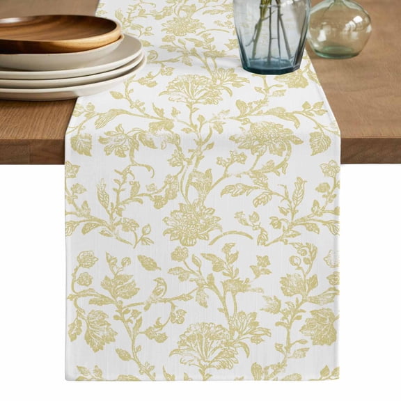 Yellow Flower Table Runner, Vintage Farmhouse Boho Leaf Spring Plant Washable Cotton Linen Table Runners 48 Inches Long, Dresser Scarf Runner for Nightstand/Coffee/End Tables 13''x48''