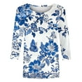 thumbnail image 4 of NTACZA 3/4 Sleeve Tops for Women Blue Hawaiian Round Neck Floral Blouses Ladies Blouses L, 4 of 7