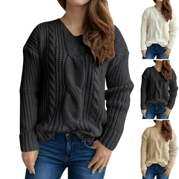 Olyvenn Women Pullover Sweaters Long Sleeve V-Neck Cable Knit Chunky Sweater Loose Casual Fall Winter Knitwear Blouse Tops White S