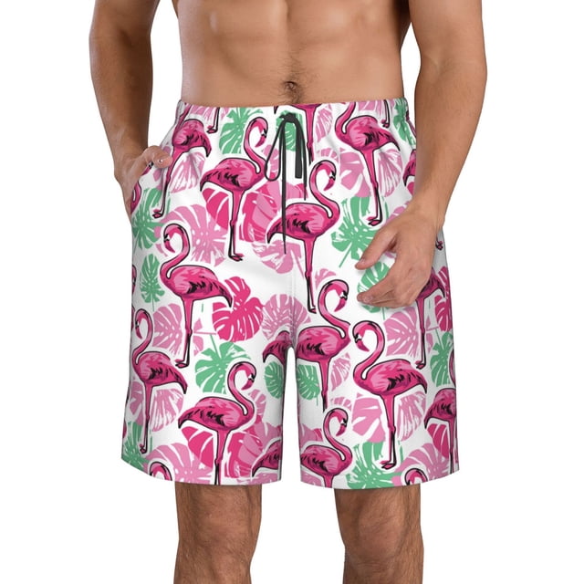 Balery Flamingo Traje de Baño Estilo Hawaiano para Hombre, Shorts de Secado Rápido con Bolsillos-Small