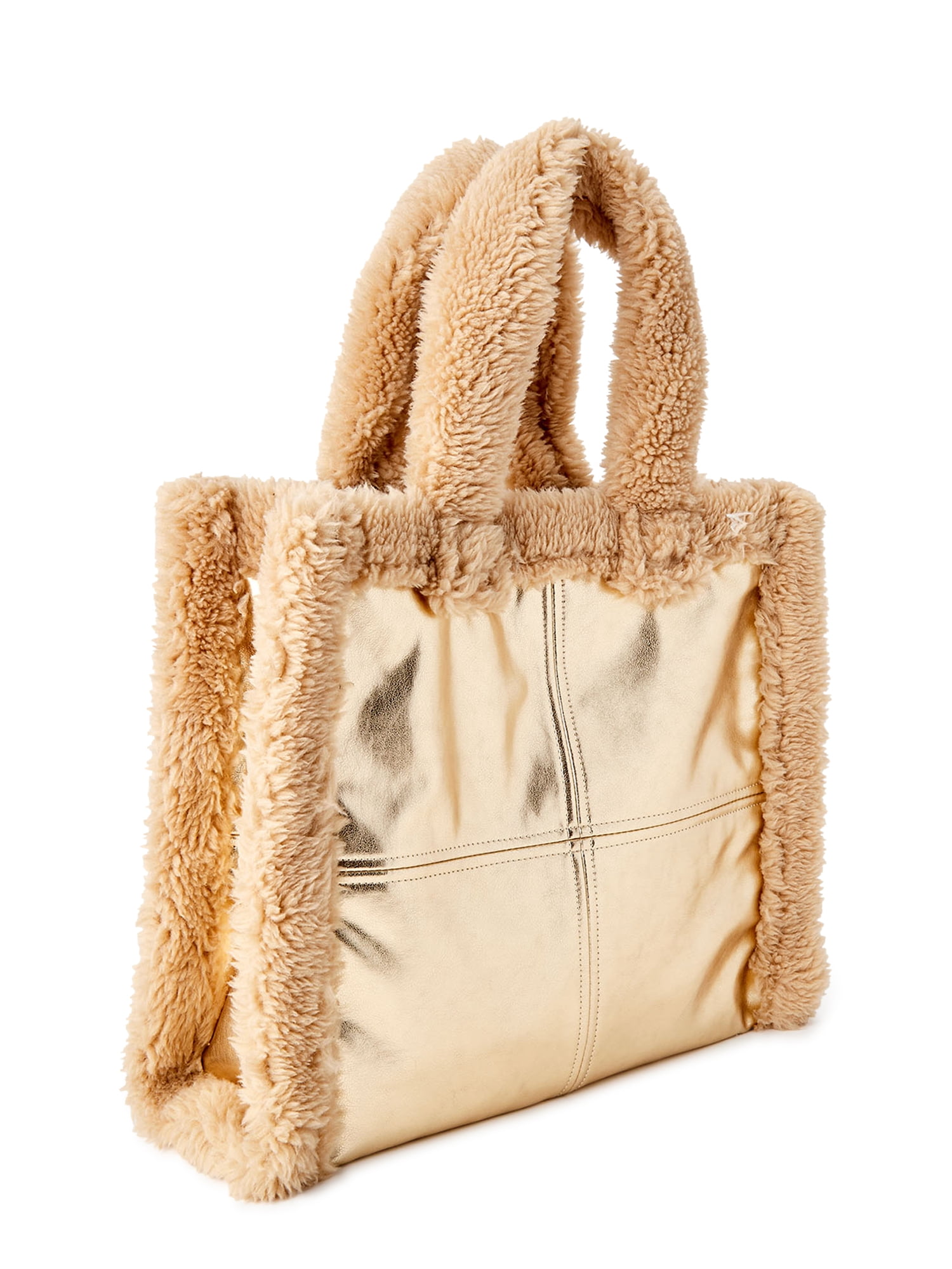 No Boundaries Women's Large Square Sherpa Tote Handbag Gold Tan