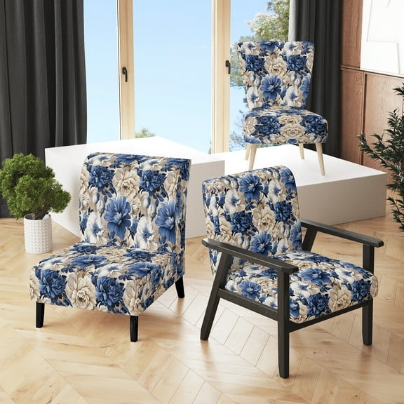 Designart "Renaissance Florals: Blue Victorian Elegance VII" Blue Floral Upholstered Accent Chair - Cottage Arm Chair For Bedroom