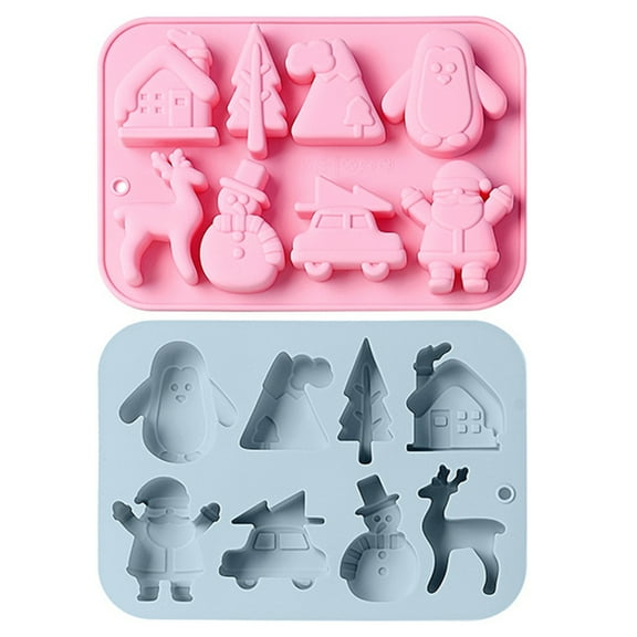 HomeLife 2Pcs Christmas Silicone Mold 8 Cavities Santa Snowman Elk Non-stick Food Grade Easy Release DIY Fondant Chocolate Candy Jelly Ice Cake Baking Mold