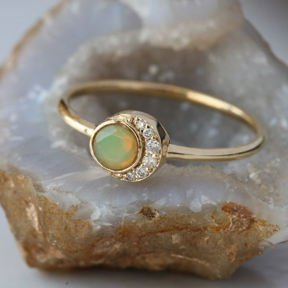 Diamond & Opal Halo Ring, 925 Sterling Silver Ring, Anniversary Ring, Bezel Set, October Birthstone Ring, Handmade Fine Jewwelry.