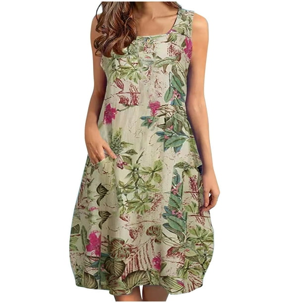Vestido de Verano para las Mujeres Impresión Sexy sin Mangas Botón Bolsillo Cuello Redondo Vestido, Desgaste de Verano Casual