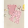 thumbnail image 4 of Bagilaanoe 3pcs Newborn Baby Girl Pants Set Letters Short Sleeve Romper Tops + Floral Flare Trousers + Headband 3M 6M 12M 18M Infant Casual Clothes, 4 of 7