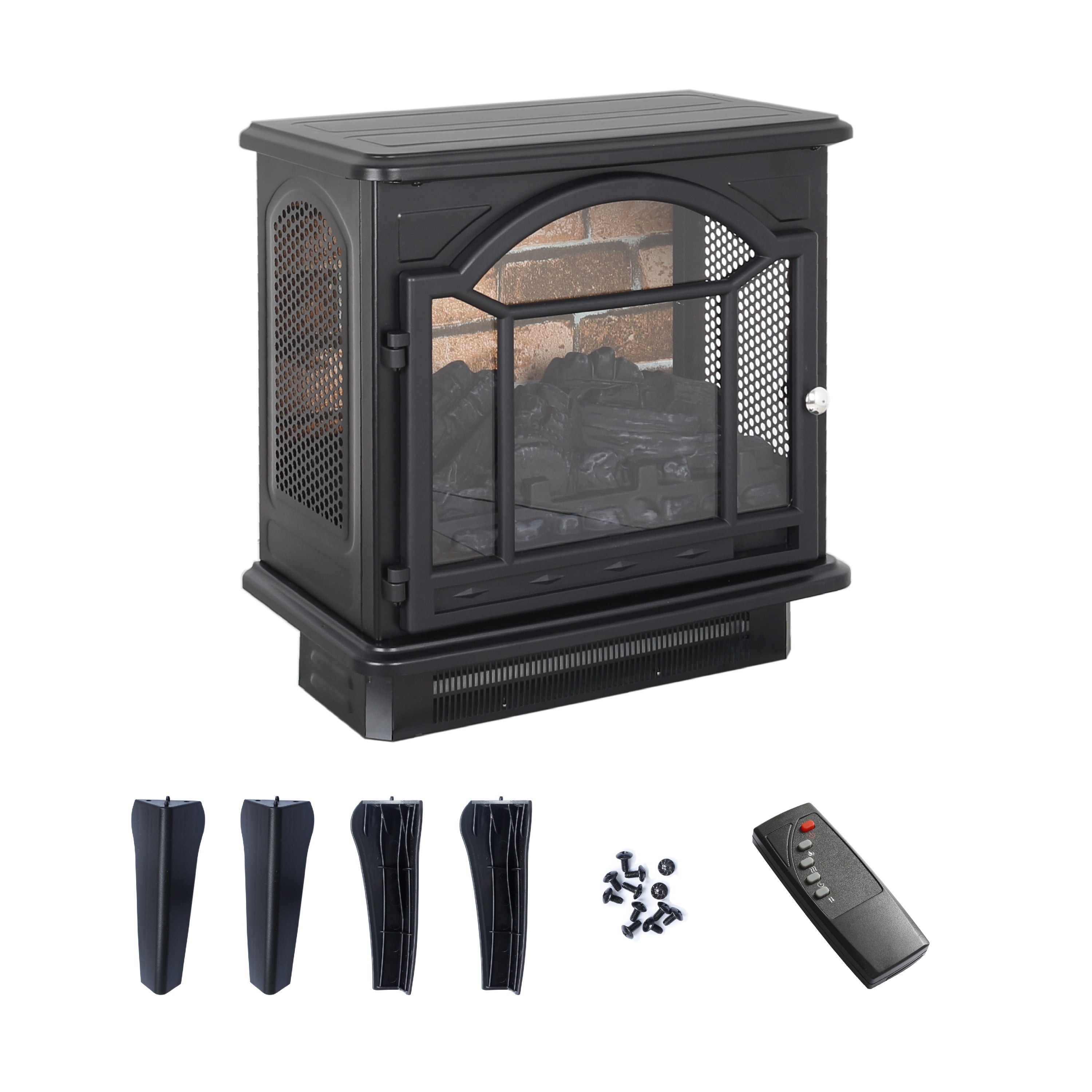 PAPROOS 18 inch Freestanding Electric Fireplace Heater, Quartz Fireplace Infrared Stove Heater with 3D Realistic Flame, Remote Control, Timer, Safety Heater for Indoor Use, 1500W, Antique Black