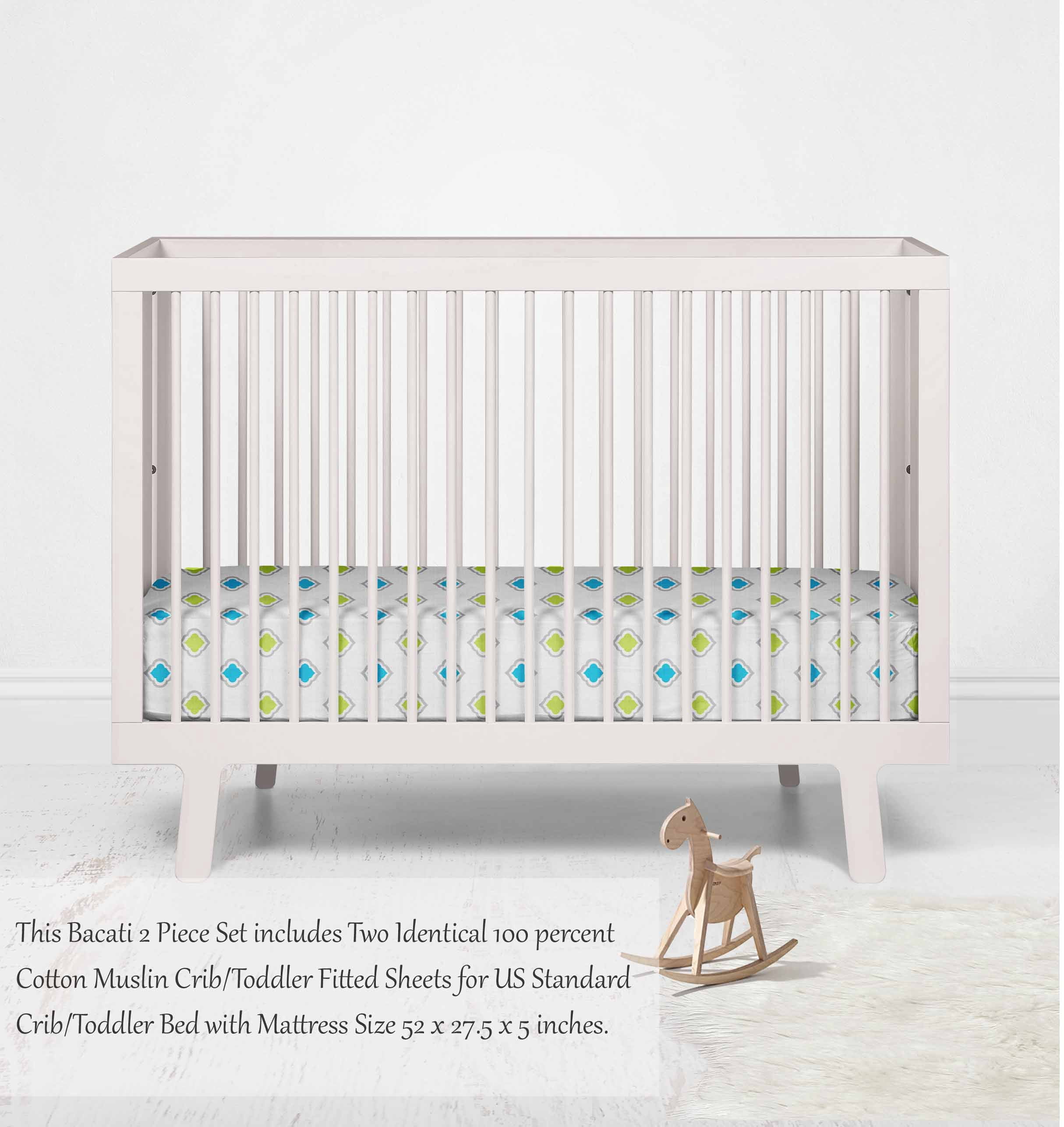Bacati - Morocan Tiles Crib/Toddler Bed Fitted Sheets 100% Cotton Muslin 2 Pack, Aqua/Lime/Gray