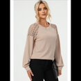 thumbnail image 4 of Blusas de Larga para Mujer, Elegantes, Informales, con Cuello Redondo, de Punto con Encaje de Gofre y Patchwork, Blusas Holgadas A Caqui XL, 4 of 7